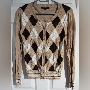 Beige Brown and White Argyle Button-Up Cardigan